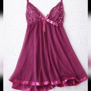 Elegant Lace Trim Burgundy Babydoll Chemise